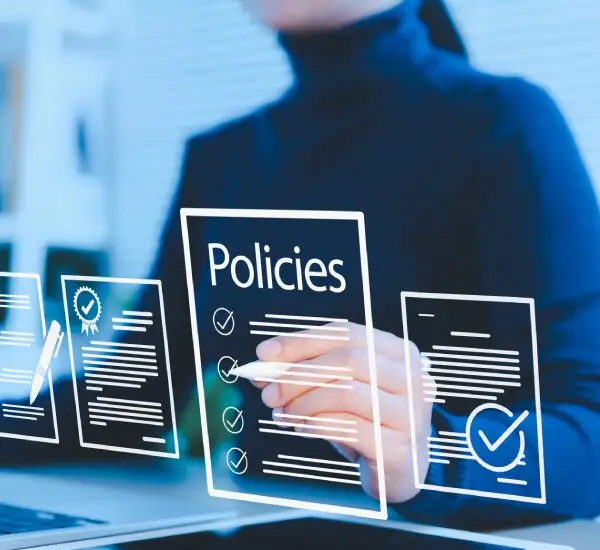 Person reviewing digital policies on screen.