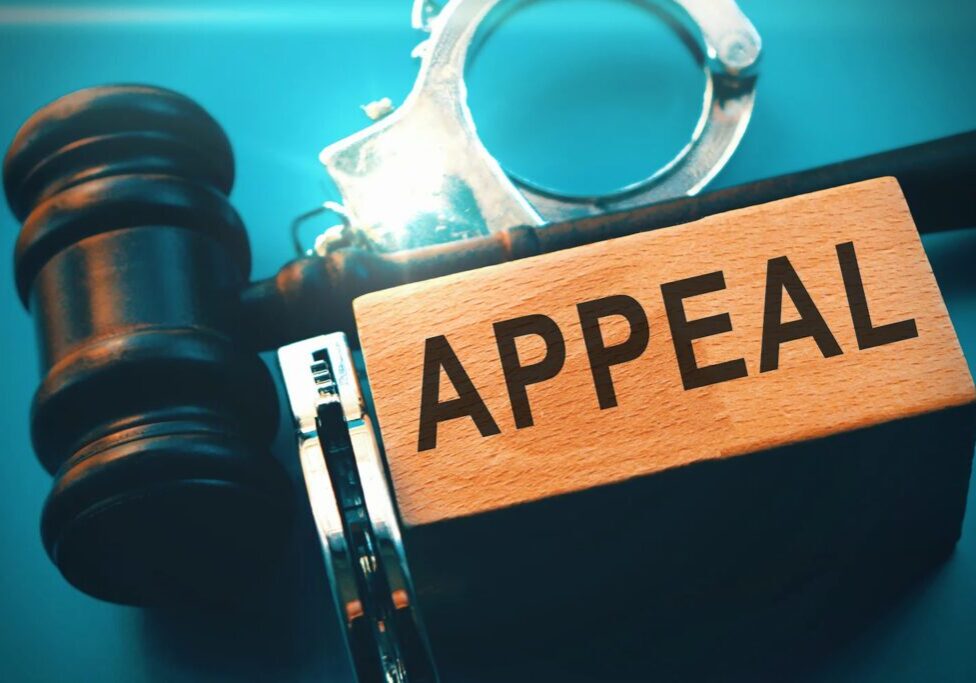 Gavel, handcuffs, and "Appeal" block on table.